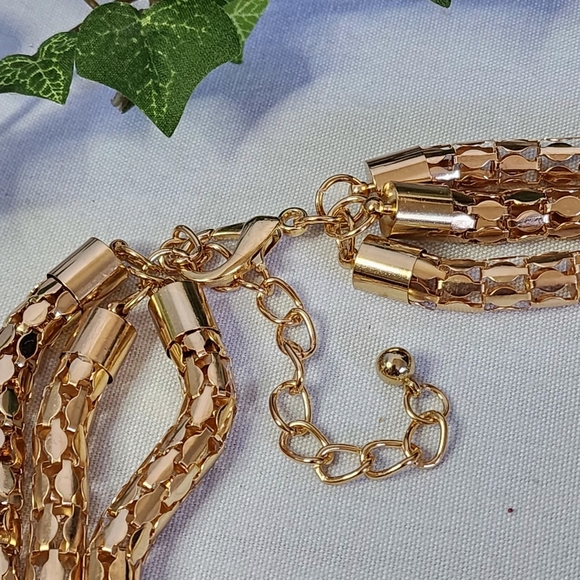 Statement 3 Strand Gold Mesh Necklace with Pearl and CZ Stones Set - Picture 7 of 9
